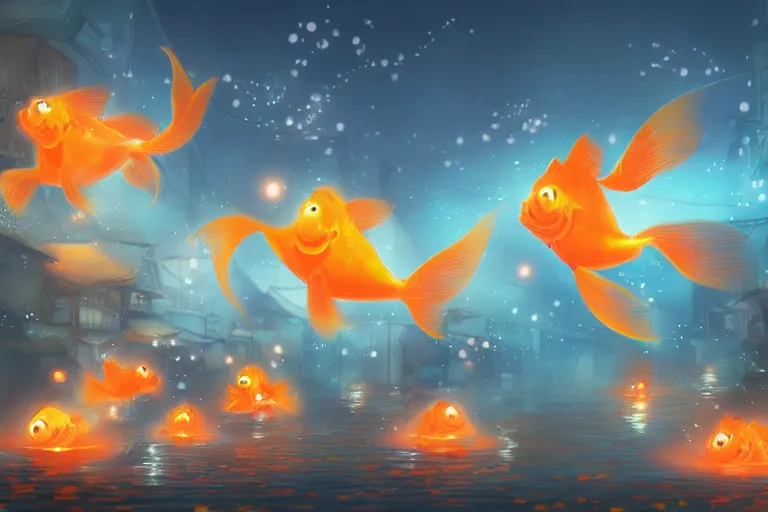 Prompt: fantasy art of a school of glowing goldfish swimming in the air, in the streets of a japanese town at night, with children outside watching in wonder, in the style of studio ghibli and makoto shinkai, highly detailed digital art, trending on artstation