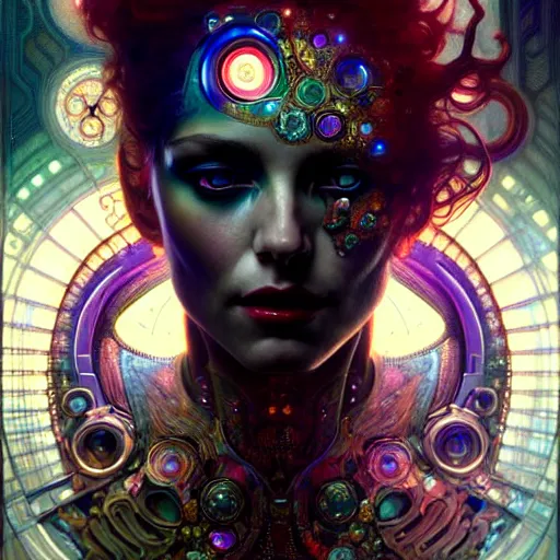 Image similar to extremely psychedelic cyborg queen of lsd. intricate, elegant, highly detailed, extremely lifelike photorealistic digital painting, artstation. steichen, gaston bussiere, tom bagshaw, cyberpunk alphonse mucha. dark pallet, melancholy. anatomically correct in every way.