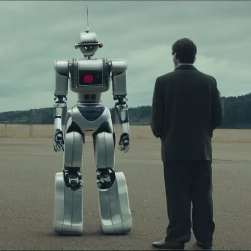 Prompt: movie still of a man and a robot in a moment of jealousy, movie by edgar wright