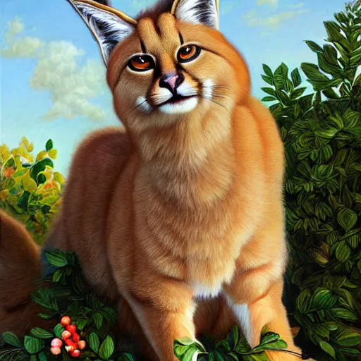 Prompt: fullbody portrait of cute fluffy caracal with laurel wreath on his head, chaplet on head, illustration, high detail, francine van hove