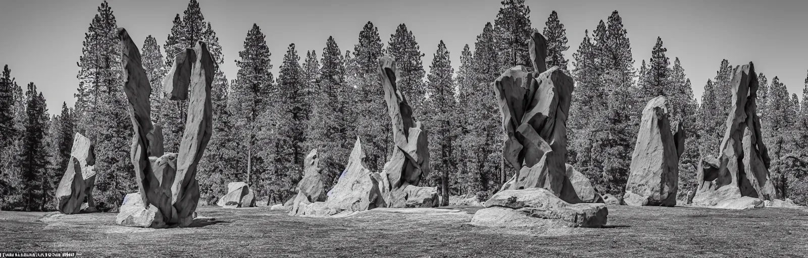 Image similar to to fathom hell or soar angelic, just take a pinch of psychedelic, medium format photograph of two colossal minimalistic necktie sculpture installations by antony gormley and anthony caro in yosemite national park, made from iron and marble, granite peaks visible in the background, taken in the night