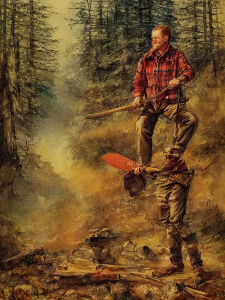 Image similar to a watercolor painting of a man wearing lumberjack clothes and holding a axe by william turner, forest in the background, warm colors, anatomically correct, five fingers, realistic and defined face, realistic, digital painting, masterpiece, watercolor, william turner, symmetrical, low contrast, warm