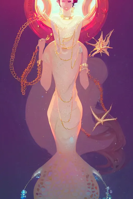 Image similar to portrait of a beautiful queen of the ocean with pearl and gold and crystal jewelry in complex and shiny dress made by jellyfish, by ross tran and atey ghailan, by greg rutkowski, by greg tocchini, by james gilleard, by joe fenton, by kaethe butcher, dynamic lighting, grunge aesthetic