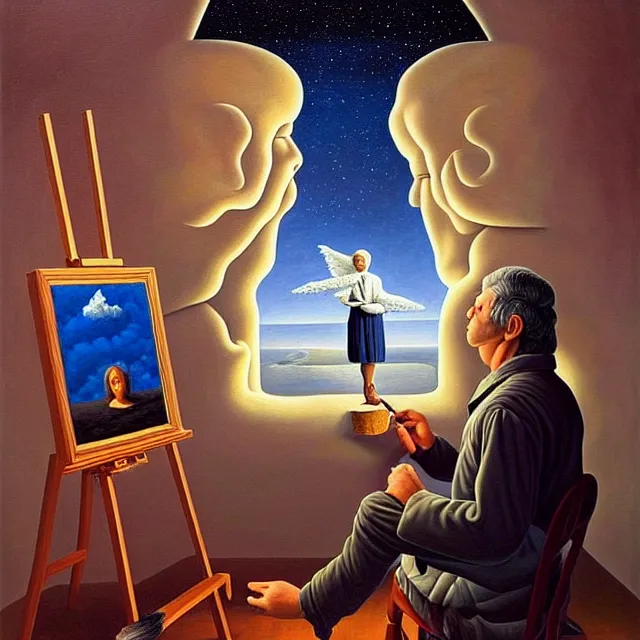 Image similar to an oil on canvas portrait of a man painting a portrait of a beautiful angel, surrealism, surrealist, cosmic horror, rob gonsalves, high detail