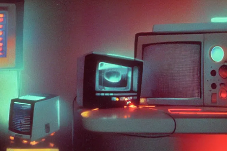 Prompt: toaster emerging from a space portal in cyberspace, fractal, in 1 9 8 5, y 2 k cutecore clowncore, bathed in the glow of a crt television, crt screens in background, low - light photograph, in style of tyler mitchell