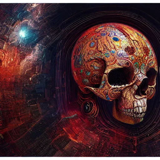 Image similar to portrait of a fantasycore glitchcore deformed animal skull in a helmet. intricate abstract. intricate artwork. celestial. immaculate, by dan seagrave, beeple, dan mumford. octane render, CGSociety very coherent symmetrical artwork. cinematic, hyper realism, high detail, octane render, 8k, iridescent accents