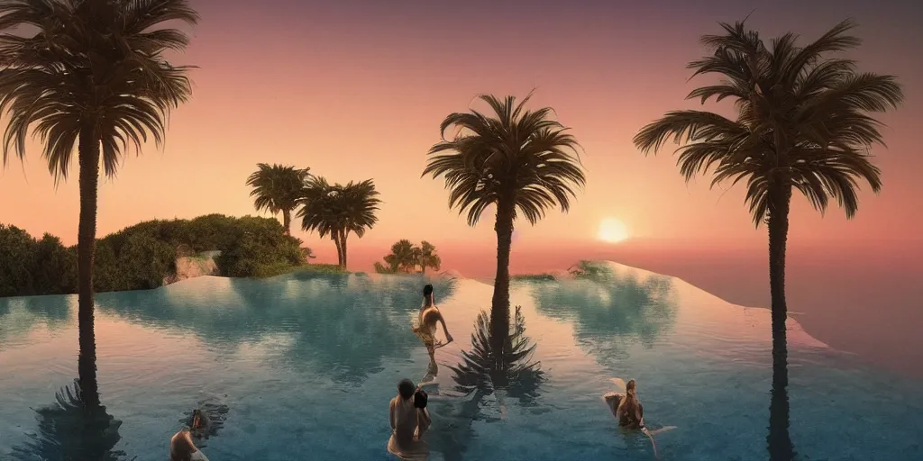 Image similar to artgem and Beeple masterpiece, hyperrealistic surrealism, sunset, award winning masterpiece with incredible details, epic stunning, infinity pool, a surreal liminal space, highly detailed, trending on ArtStation, calming, meditative, pink arches, palm trees, surreal, sharp details, dreamscape, giant gold head statue ruins, crystal clear water