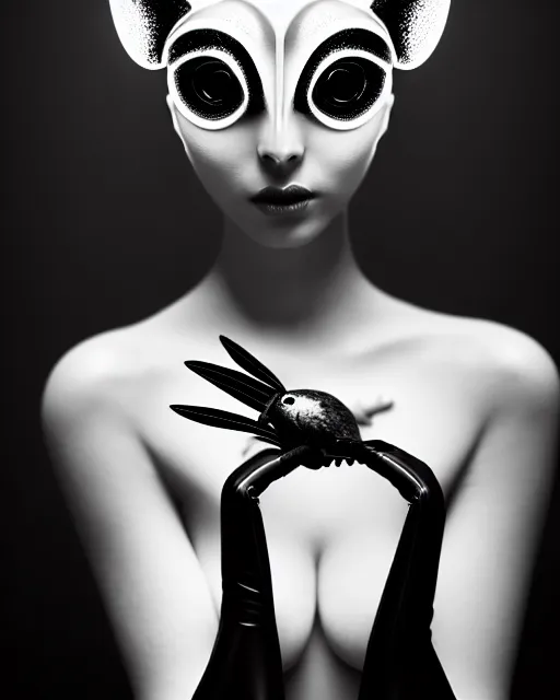 Image similar to surreal mythical dreamy dark artistic black and white fine art 3 / 4 fashion portrait photo of a young beautiful delicate female robot with orchid - owl face, rim light, cinematic, studio dramatic light, poetic, masterpiece, octane render, 8 k, photo - realistic by hg giger and man ray