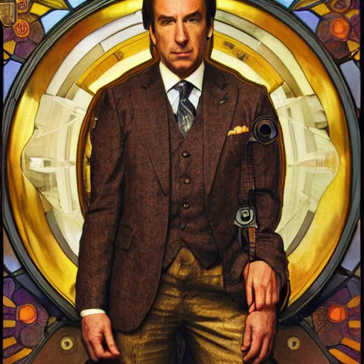 Image similar to saul goodman portrait picture by alfons mucha, golden hour, realistic, body shot, sharp focus, 8 k high definition, insanely detailed, intricate, elegant, cherry blossoms