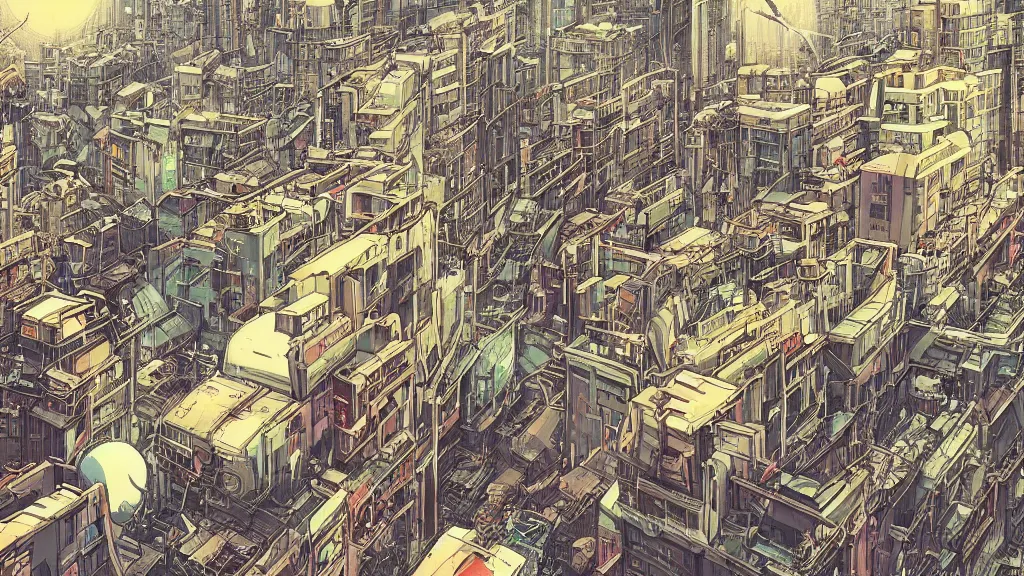Prompt: very detailed, prophet anime graphic novel, ghibli, ilya kuvshinov, mcbess, rutkowski, simon roy, illustration of dystopian metropolis decrepit arcologies with nuclear explosions, tokyo kowloon, wide shot, vibrant color, deep shadows, astrophotography, hyperdetailed, cryengine, realistic shaded lighting, sharp focus
