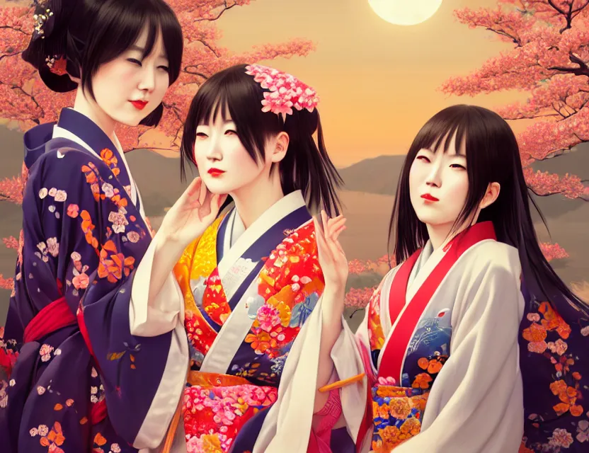 Image similar to two beautiful charming japan girls wear arty kimono in festival | | sunny night, full moon, dreamlike art, realistic shaded, smile, good looking, hyper details, 4 k realistic, cryengine, realistic shaded lighting poster by ilya kuvshinov, fuji choko, ross tran, 8 k resolution, trending on artstation, luxury