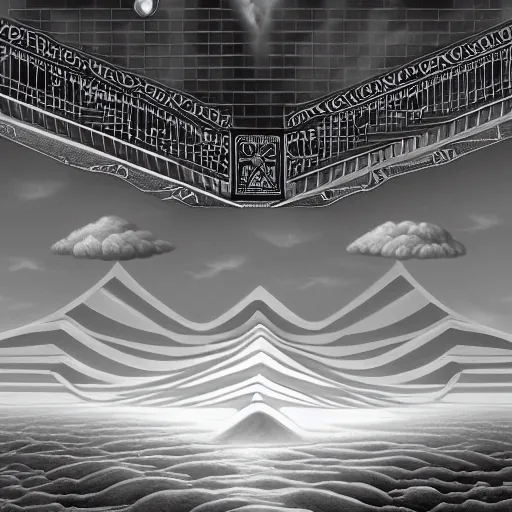 Image similar to A black and white freemasonic chequered surrealist digital painting of a stairway to into the clouds in the art style of jeff koons, Gilbert williams, Edwin Frederic Church and Christopher Balaskas, trending on artstation, 4k UHD