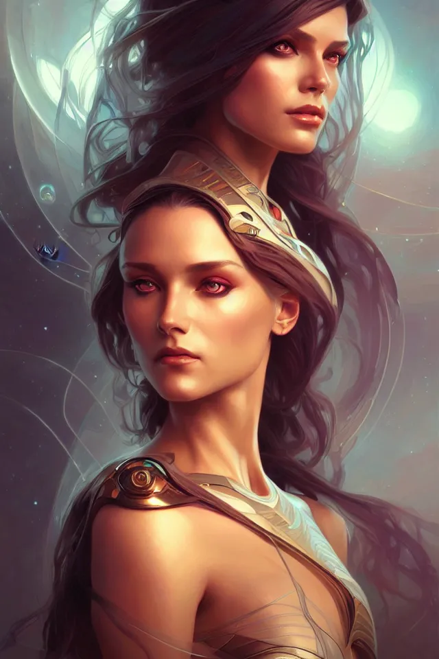 Image similar to futuristic woman portrait, sci-fi, amber eyes, face, long hair, fantasy, intricate, elegant, highly detailed, digital painting, artstation, concept art, smooth, sharp focus, illustration, art by artgerm and greg rutkowski and alphonse mucha