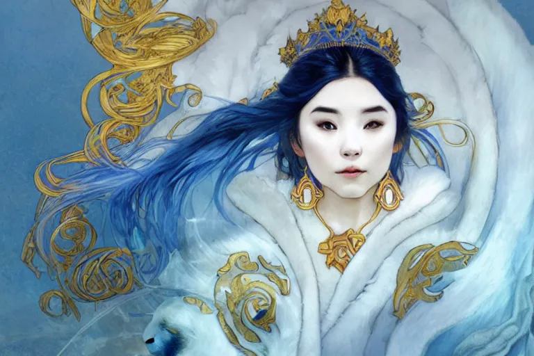 Image similar to a portrait of king baby harp seal, lord of the Arctic, portrait, gold blue silver and white colors, water color, art by artgerm and greg rutkowski and alphonse mucha and jin xiaodi and anthony devine