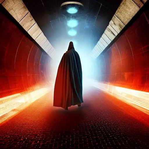 Prompt: sci-fi time traveler nomad wearing a cloak, cape, walking through a neone clock tunnel into another dimension, clocks falling, hdr, glow, sunset, zack snyder cinematography style, dark, cinematic, cinema lighting, highly detailed, ultra realistic, cinematic lighting, 8k