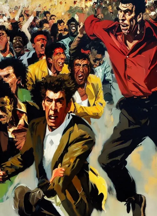 Prompt: 'kramer!! michael richards running from crowd of black people, painting by phil hale, 'action lines'!!!, graphic style, visible brushstrokes, motion blur, blurry