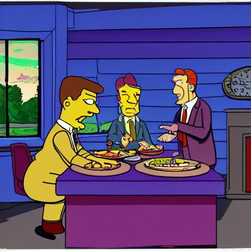 Image similar to scene depicting seymour skinner serving up steamed hams while the aurora borealis reflects in the other room, cartoon, realistic studio lighting, hand sketched colour,