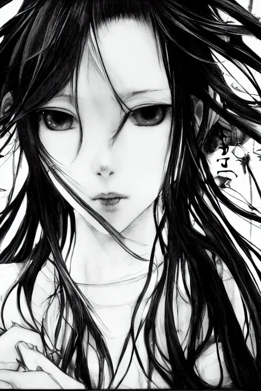 Prompt: a portrait of a character in a scenic environment by Yoshitaka Amano, black and white, dreamy, dark eyes, wavy long black hair, highly detailed