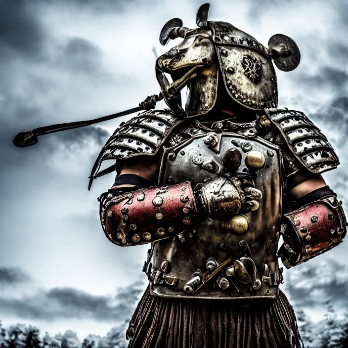 Image similar to photo of a warrior with metal putin with a bear themed armour, highly detailed, 4 k, hdr, smooth, sharp focus, high resolution, award - winning photo