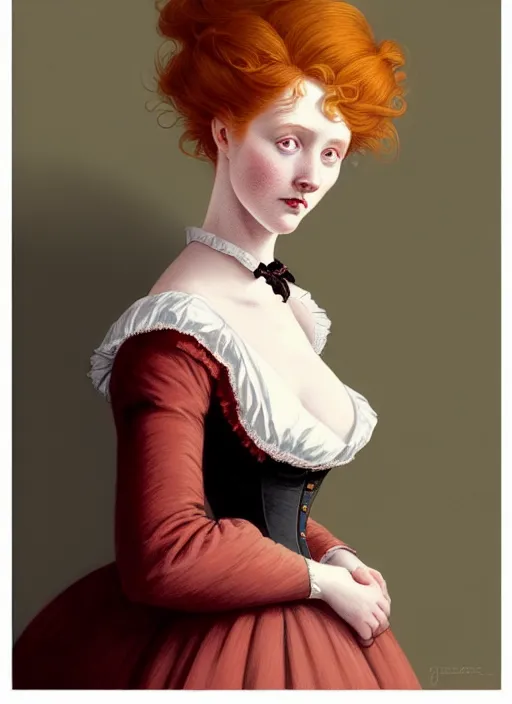 Image similar to a portrait of a young redhead woman with a crooked nose in victorian clothing, confident pose, intricate, elegant, sharp focus, illustration, highly detailed, concept art, matte, trending on artstation, anime, art by james jean and artgerm and brian despain and alberto mielgo, greg rutkowski, wlop, ilya kuvshinov, strong strokes