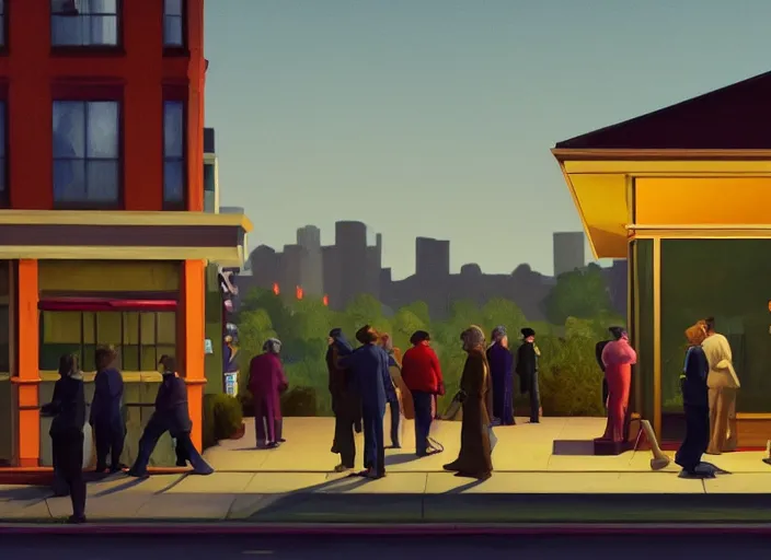 Prompt: crowd of working citizens carrying daily routines on the backdrop of missiles hitting residential buildings, DSLR 35mm, by Edward Hopper and Dan Mumford, Unreal Engine 5, Lumen, Nanite