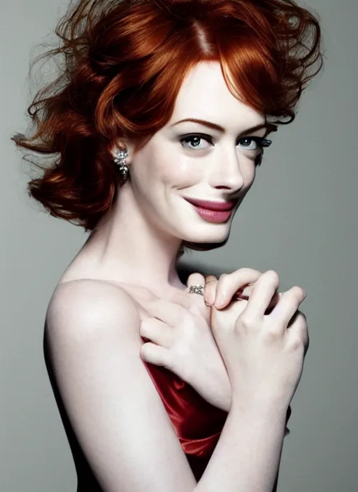 Image similar to portrait of beautiful christina hendricks and anne hathaway hybrid by mario testino, headshot, detailed, award winning, sony a 7 r