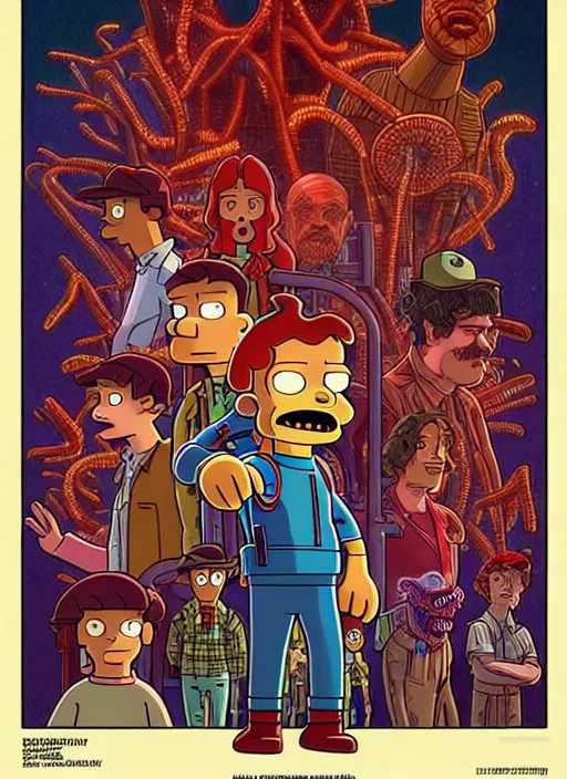 Image similar to scene from the animated version of Futurama Stranger Things with Jim Hopper and Demogorgon, cartoon, detailed faces, high resolution, hyper detailed, intricate, illustrated, dramatic lighting, illustration, concept art, smooth, sharp focus, art by Alphonse Mucha and Matt Groening !n-9