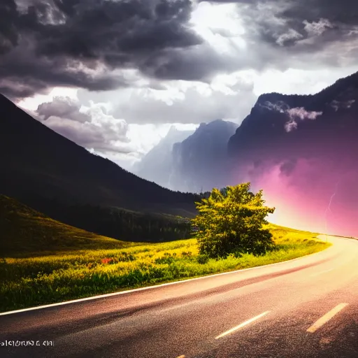 Image similar to black trans - am driving towards the camera, mountain, valley, breathtaking mountains, lake, dynamic, sunrise, cinematic, motionblur, sunbeams, volumetric lighting, wide shot, low angle, large lightning storm