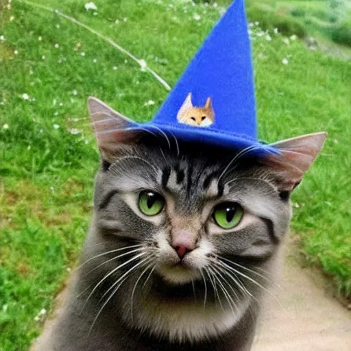 Prompt: beautiful cat with a wizard hat in the shire