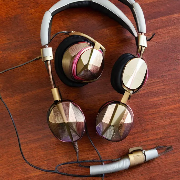 Prompt: masterpiece photo of beautiful crafted artistic bismuth metal headphones, bismuth rainbow metal, bismuth cups, leather padding, displayed on mahogany desk, modernist headphones, bismuth headphones beautiful well designed, hyperrealistic, audiophile, intricate hyper detail, extreme high quality, photographic, meze audio, sennheiser, hifiman, artstation