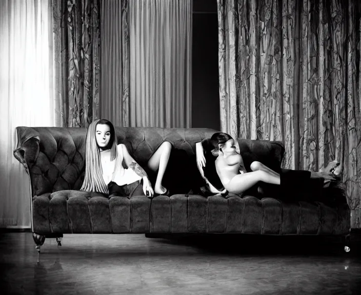 Image similar to award winning photo of Ariana Grande, Megan Fox sitting on a chesterfield lounge, symmetrical face, wide shot by Sally Mann & Arnold Newman,