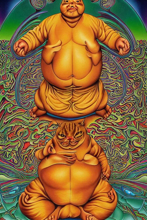 Image similar to obese tabby cat shaolin monk by alex grey, full body, extremely detailed