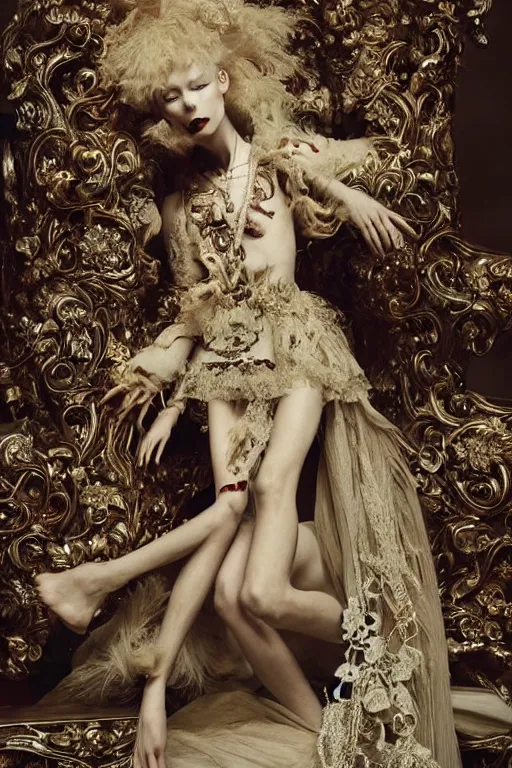 Prompt: beautiful avant garde fashion look and clothes, highly detailed and intricate, ornate, luxury, elite, cinematic, designer fashion, Yohji Yamamoto, shot by Tim Walker in a studio with detailed rococo style set design, full body portrait