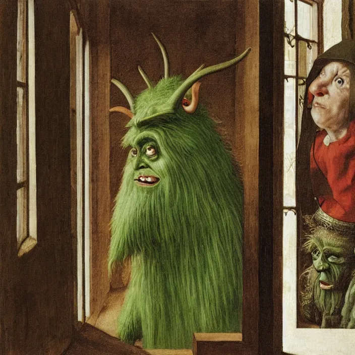 Image similar to a green-horned goblin monster peeks through a window, staring at a woman in a white dress, by Jan van Eyck