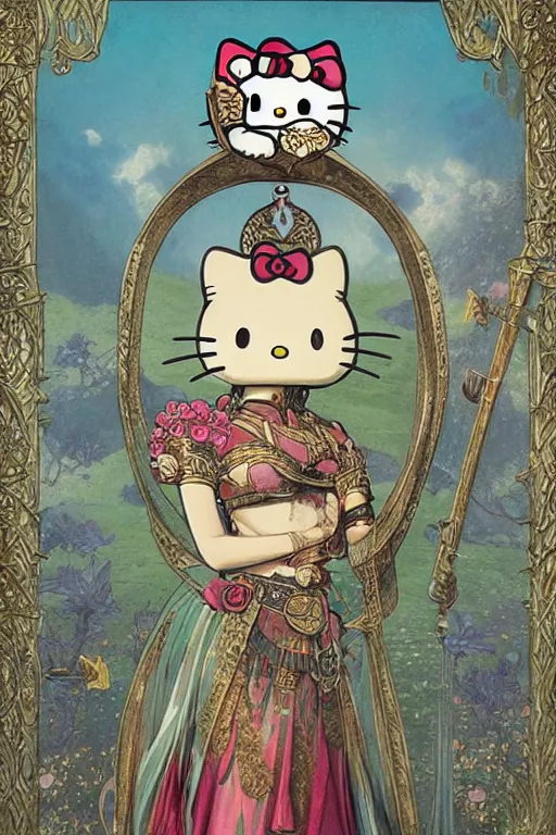 Image similar to portrait of Hello Kitty in ancient Java as \'Death\' tarot card design, D&D, MtG art,fantasy, intricate, elegant, highly detailed, digital painting, artstation, concept art, smooth, sharp focus, hyperrealistic,illustration, art by artgerm and greg rutkowski and alphonse mucha