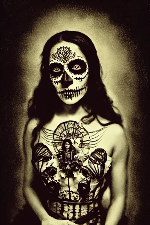 Prompt: tintype, saint teresa in dia de muertos dress and make up, horrific beautiful vibe, evocative, atmospheric lighting, painted, intricate, highly detailed, leesha hannigan, wayne haag, reyna rochin, ignacio fernandez rios, mark ryden, iris van herpen, stunning, gorgeous, sharp focus, cinematic, masterpiece