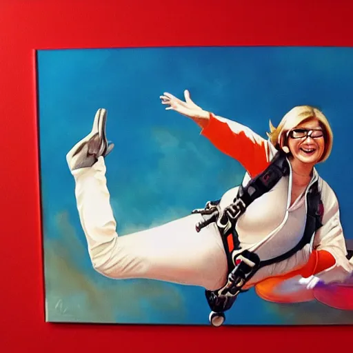 Prompt: painting of martha Stewart skydiving enthusiastically