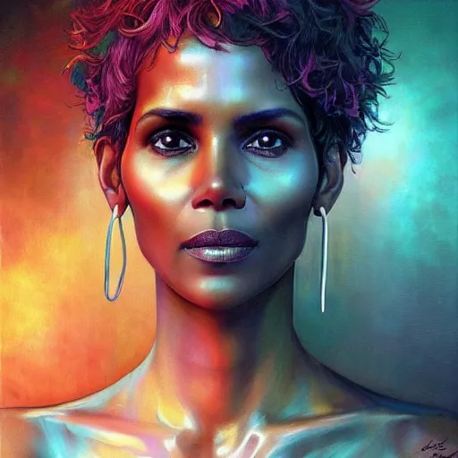 Image similar to portrait of halle berry, hyper detailed masterpiece, neon floral pattern, jean giraud, digital art painting, darkwave goth aesthetic, psychedelic, artgerm, donato giancola and tom bagshaw