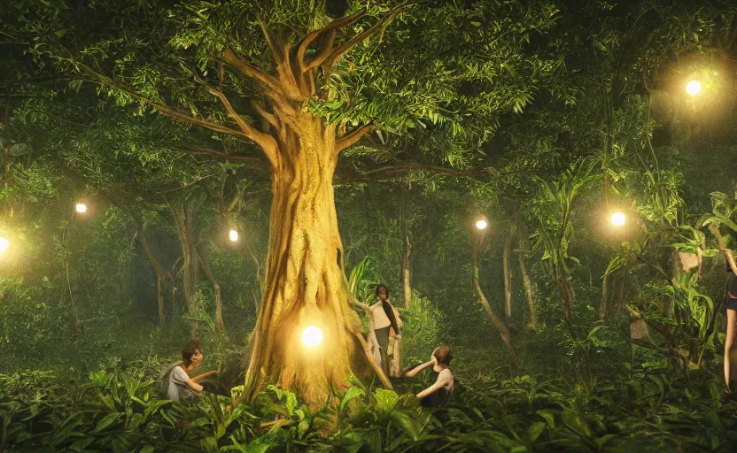 Prompt: a beautiful render of a tree with human heads as fruits in rainforest, big flashlight lighting, intricate detail, hazy, humid, volumetric lighting, god rays, 8 k, photorealistic, raytracing effects, unreal engine 5, terrorific, suspense