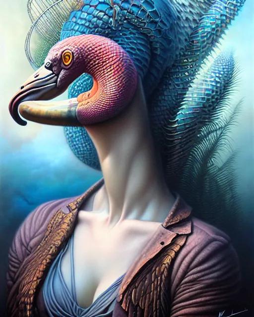 Image similar to a detailed portrait of dreampunk flamingo python hybrid mix by tomasz alen kopera and peter mohrbacher