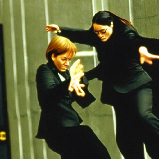 Prompt: Dramatic action shot of Angela Merkel dodging kick from Neo in the matrix movie 1999