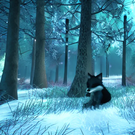 Image similar to second life game screenshot of a fluffy black fox close up beautiful and amazing fantasy forest at night, octane engine, 4 k screenshot