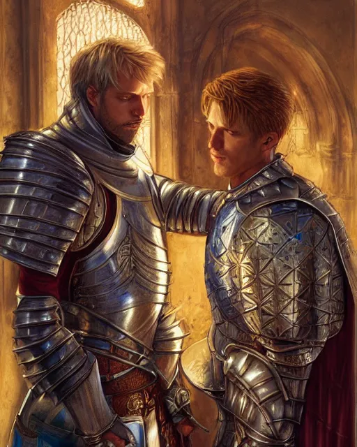 Image similar to attractive arthur pendragon confesses his love for his attractive male knight, highly detailed, very intricate, cinematic lighting, by donato giancola and rossdraws and magali villenueve, featured on artstation