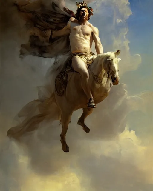 Image similar to beautiful detailed expressive impressionistic oil painting portrait of ancient roman god emperor steve buscemi ascending into the clouds wearing the civic crown, renaissance painting, art by anders zorn, wonderful masterpiece by greg rutkowski, expressive brush strokes, beautiful cinematic light, american romanticism by greg manchess, jessica rossier