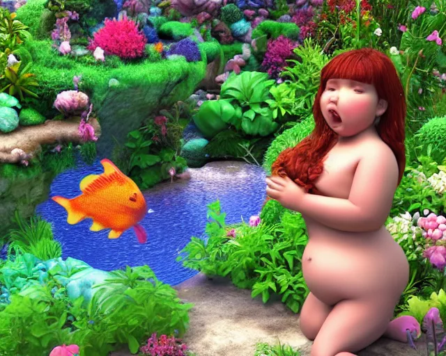 Image similar to of a very beautiful scene. ambient occlusion render. a sweet fat little girl is in love with a huge, colorful and beautiful fish. hyper realistic. 4 k. wide angle. in the baroque style. wild. symmetrical face, red mouth, blue eyes. deep focus, lovely scene. ambient occlusion render. garden. unreal engine.