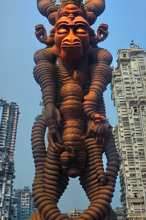 Image similar to high quality 3 d futuristic biomrphic hanuman! head building in mumbai!! centre, kalighat, highly detailed, cinematic smooth, berenice abbott & john j. park, dramatic morning light, long shot, low angle, uhd 8 k, sharp focus