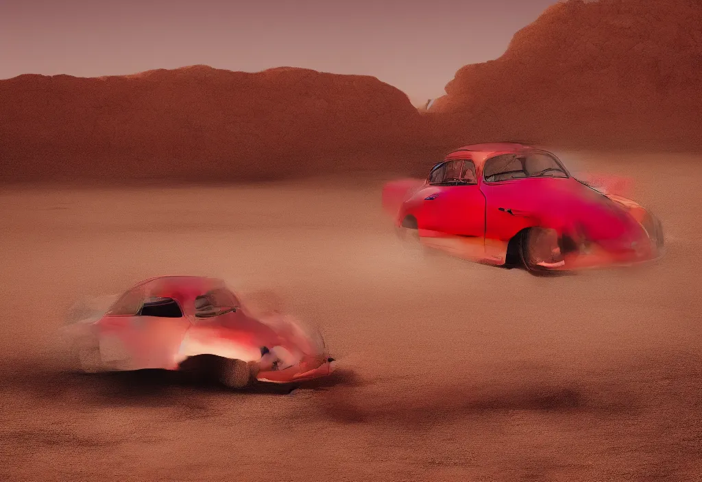 Image similar to “a red porsche 356 is parked in the middle of the desert, a matte painting by Scarlett Hooft Graafland, featured on unsplash, australian tonalism, anamorphic lens flare, cinematic lighting, rendered in unreal engine”