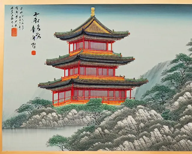 Prompt: a beautiful painting of a buddhist temple in a serene landscape, traditional chinese painting,