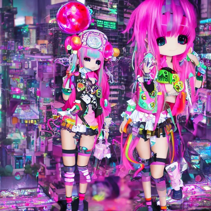 Image similar to 3 d anime render of a decora gyaru kawaii cybergoth emo fashion model vtuber, in a cyberpunk blade runner maximalist city of my melody sanrio plushies, artstation cgsociety