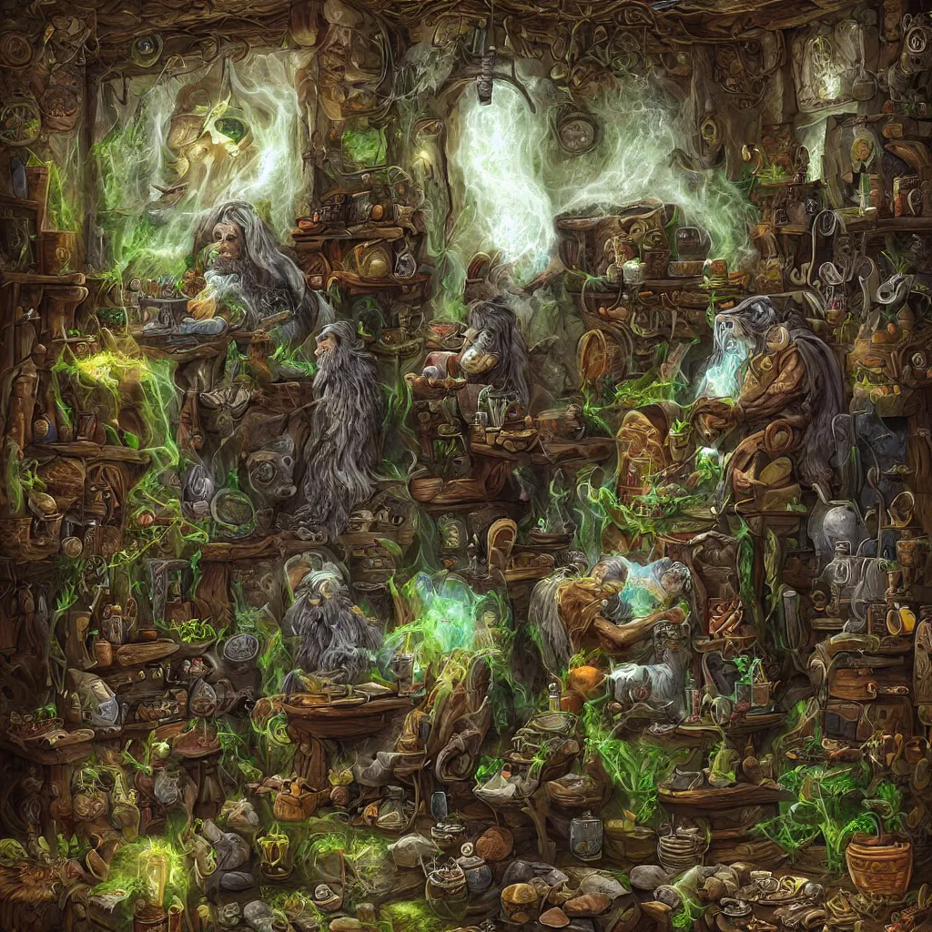 Image similar to ancient druid brewing in his mystic laboratory, highly detailed digital art